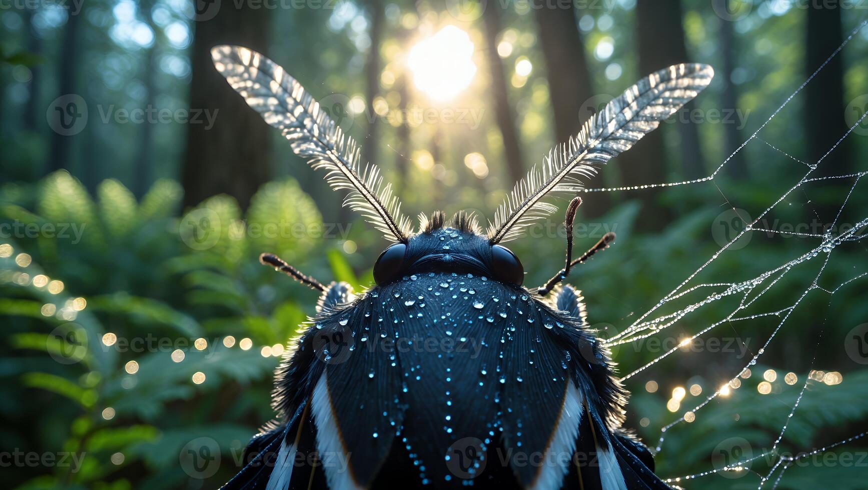 Close-up of Moth in Forest with Water Droplets at Sunrise photo