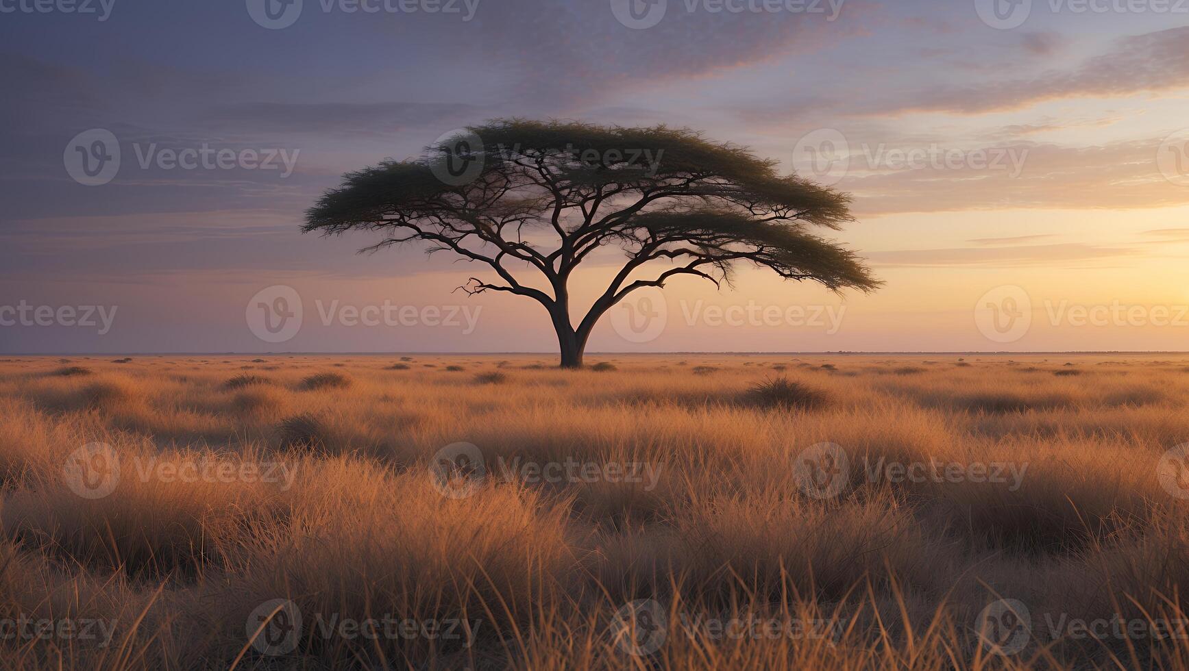 Lone Tree Stands Tall in Grassy Field Under Warm Sunset Light photo