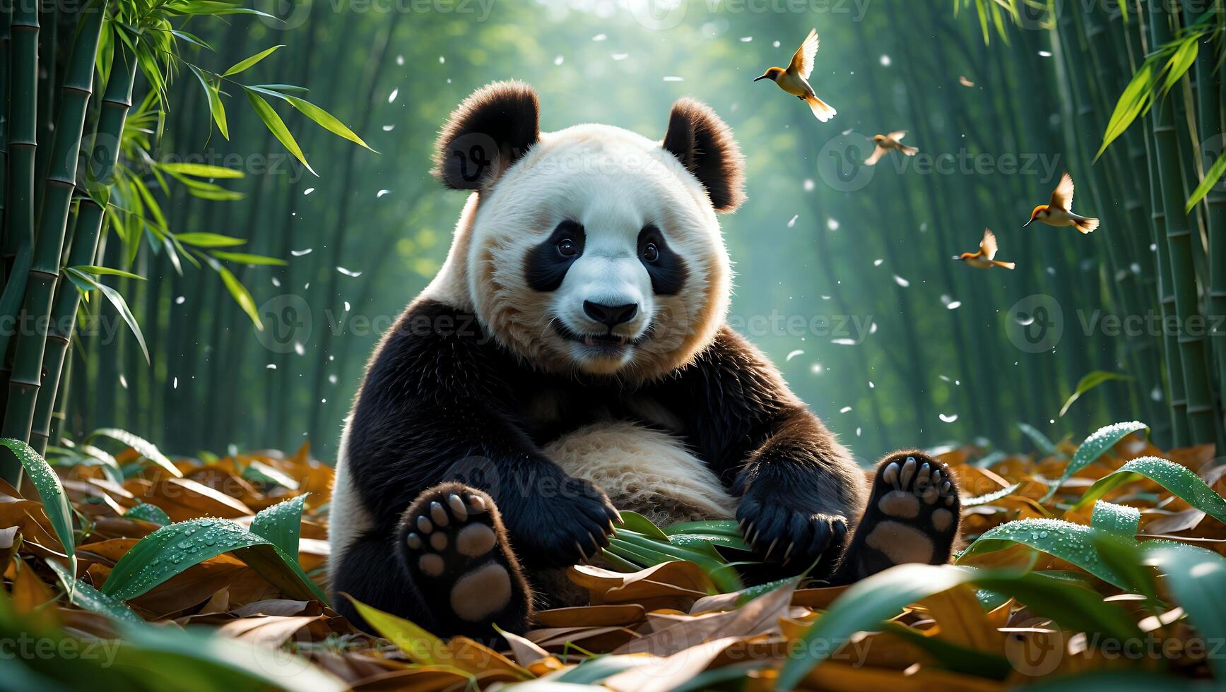 Panda Bear Sitting in Bamboo Forest with Flying Birds Around photo