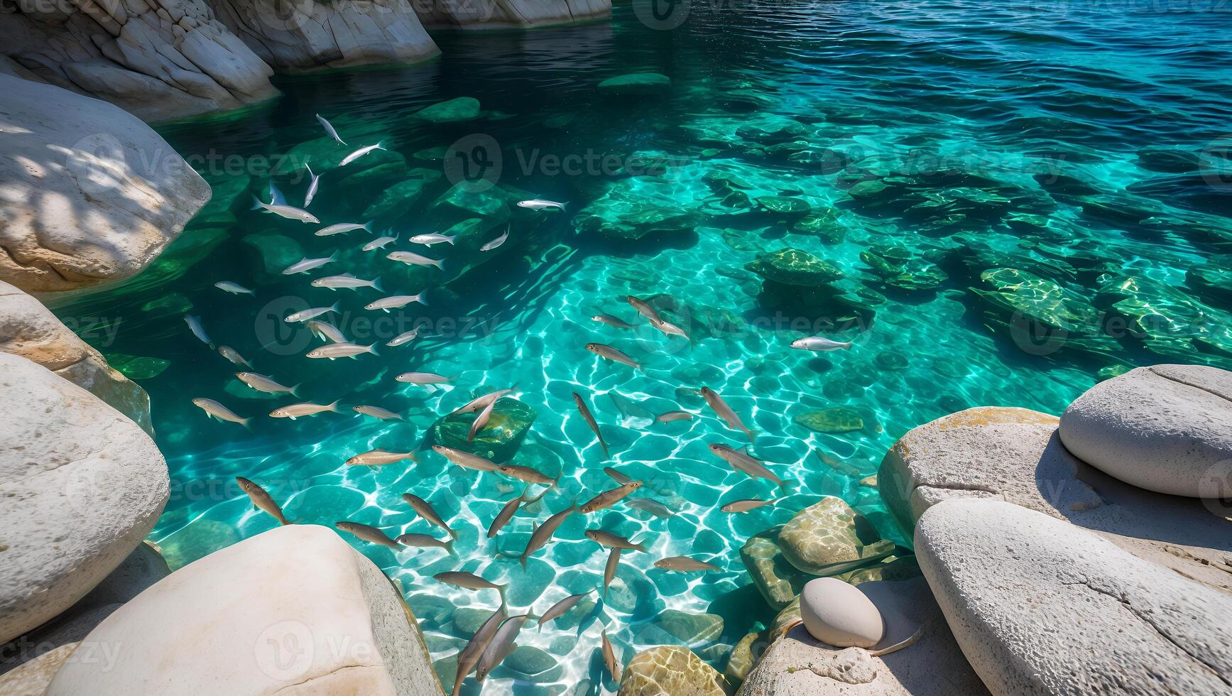 Fish Swim in Clear Turquoise Water by Smooth White Rocks photo