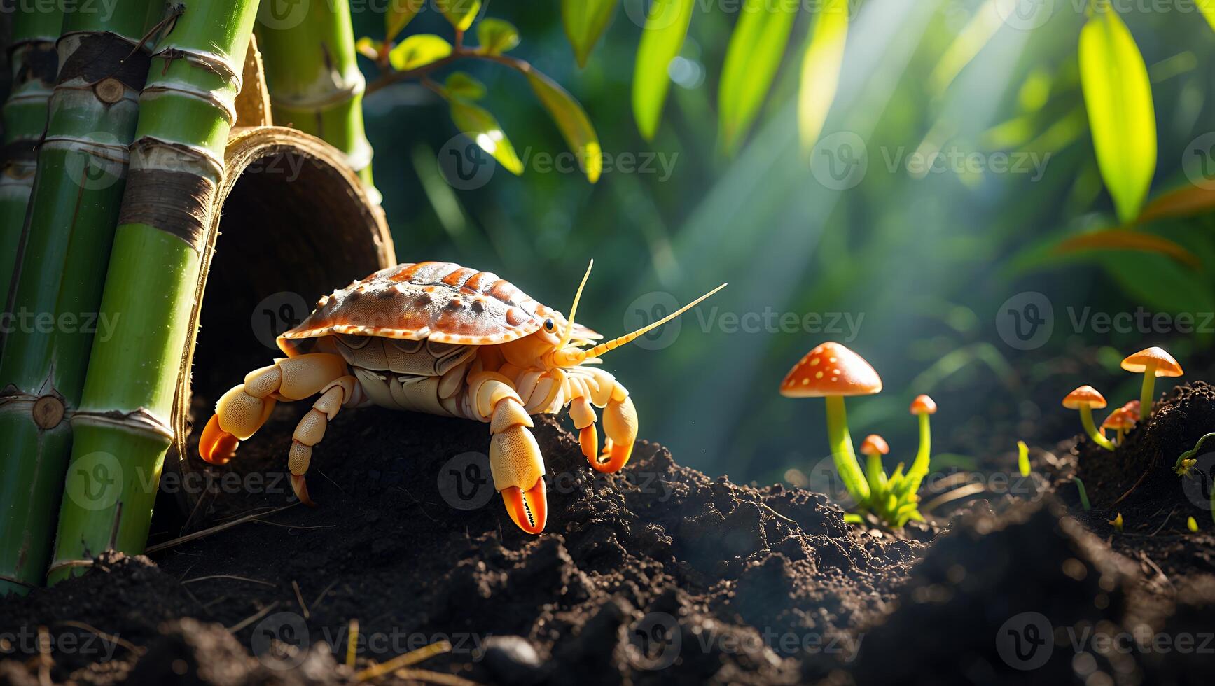 Crab Walking Near Mushroom Patch with Sunlight in Lush Setting photo