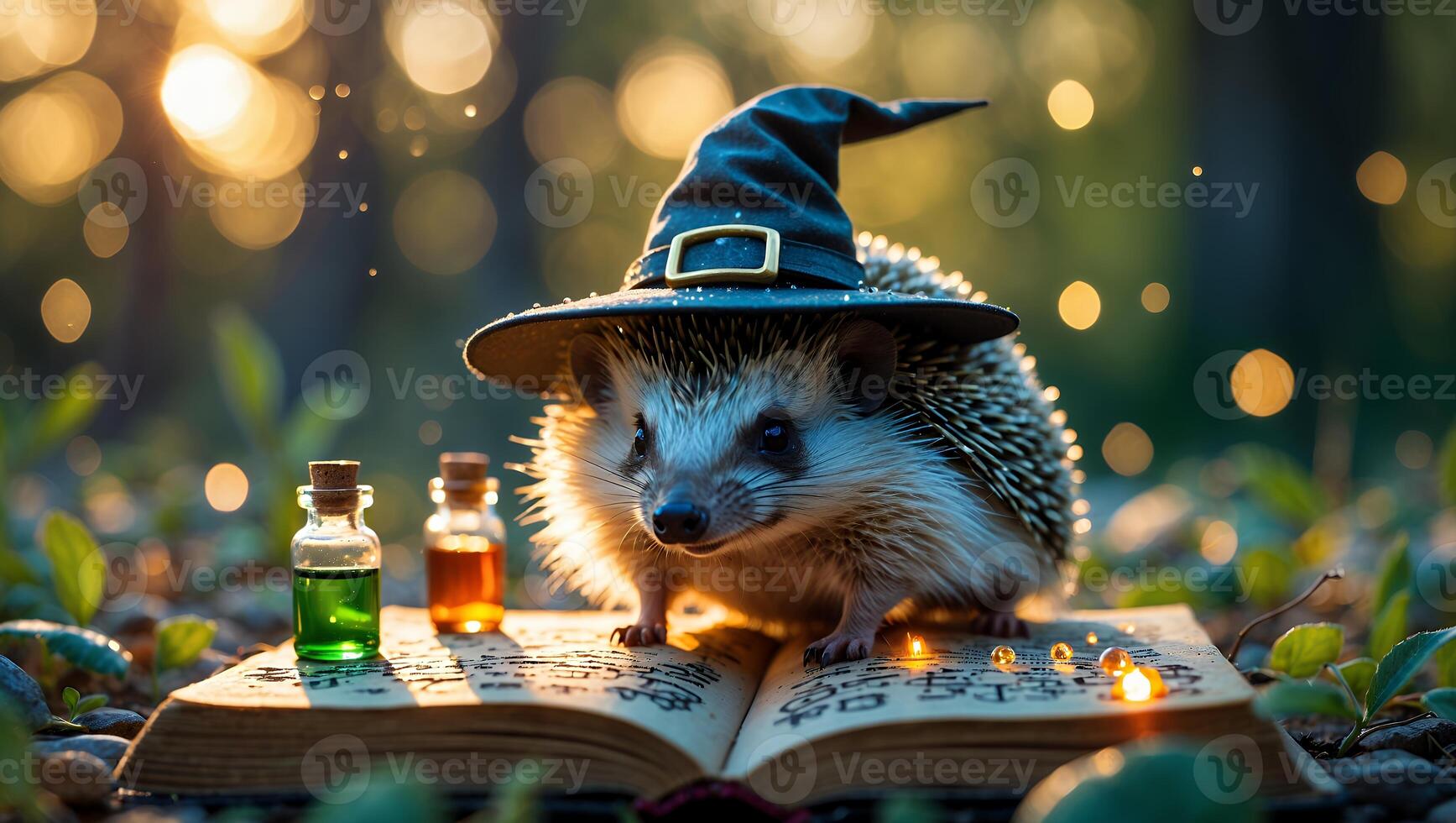 Hedgehog Wizard Reading Spell Book in Forest with Magic Potions photo