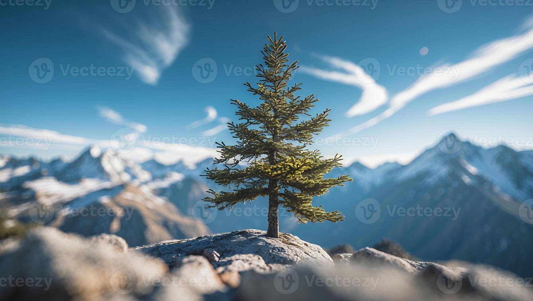 Lone Tree Standing on Mountain Peak with Snow Capped Range photo