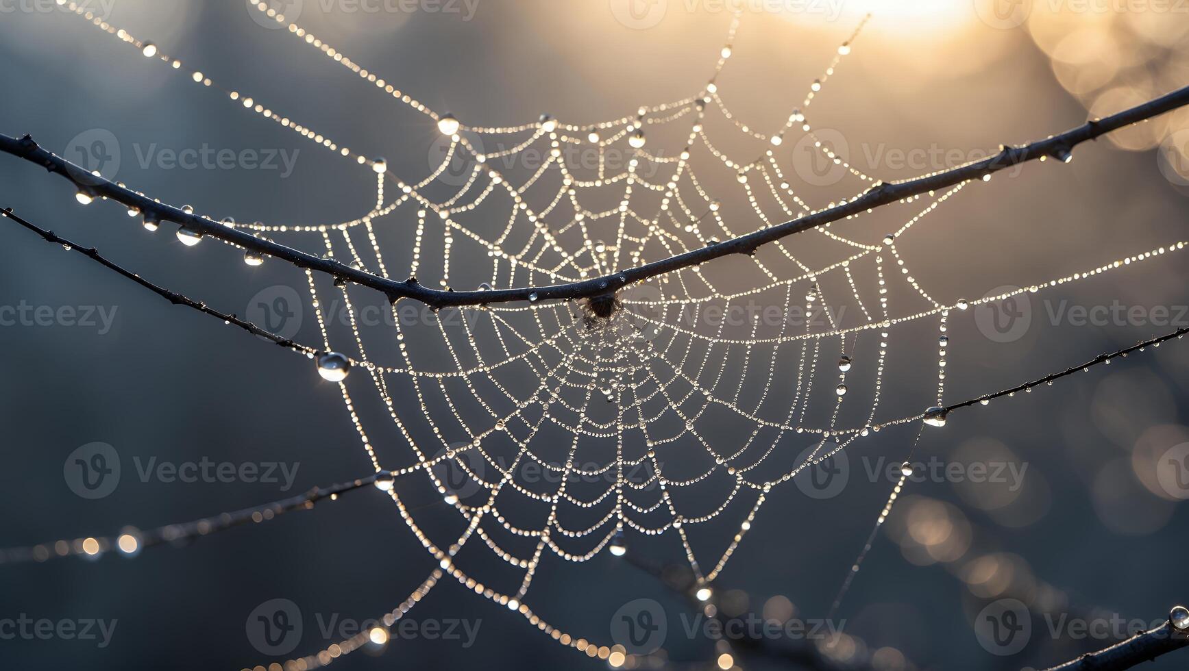 Spiderweb Covered in Morning Dew Drops on Branches with Soft Light photo