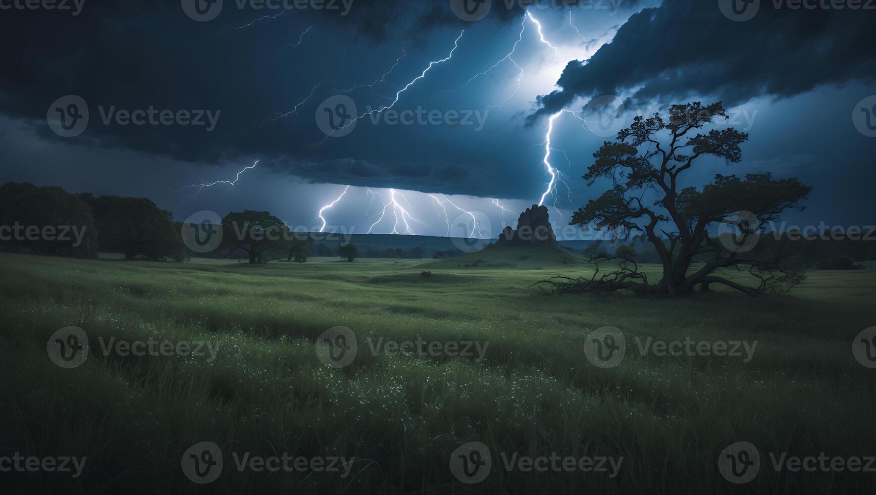 Lightning Strikes Over Open Field with Silhouette Tree and Dark Clouds photo