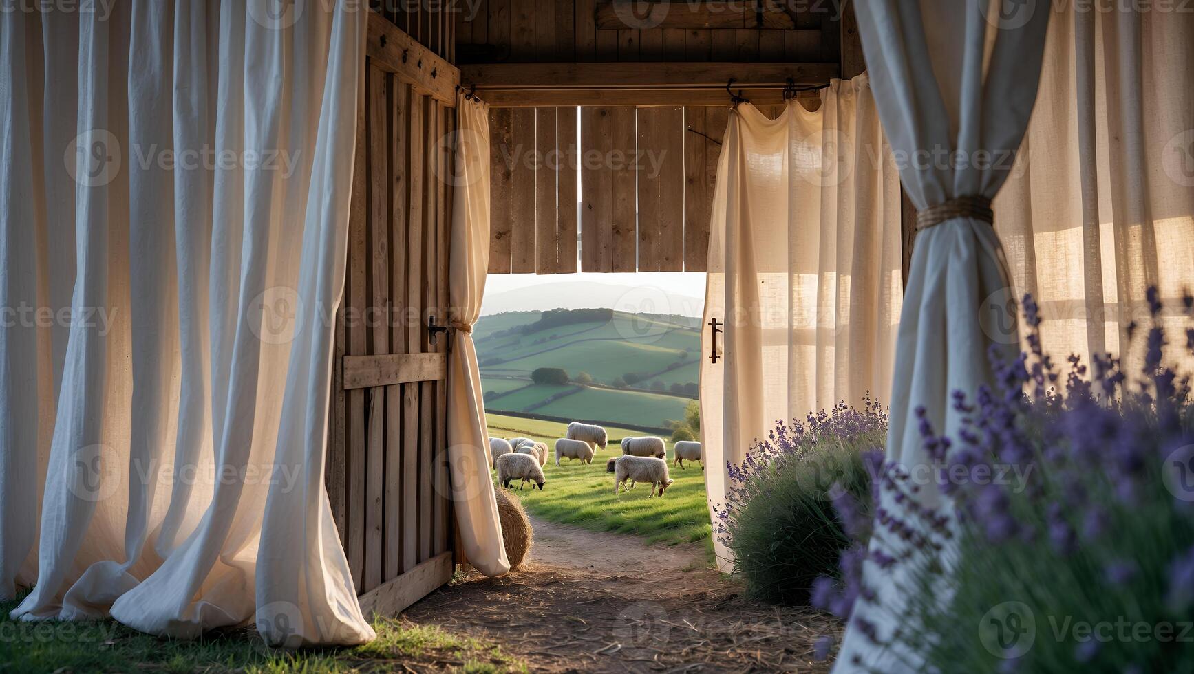 View of Sheep Grazing From Rustic Barn Door with Lavender photo