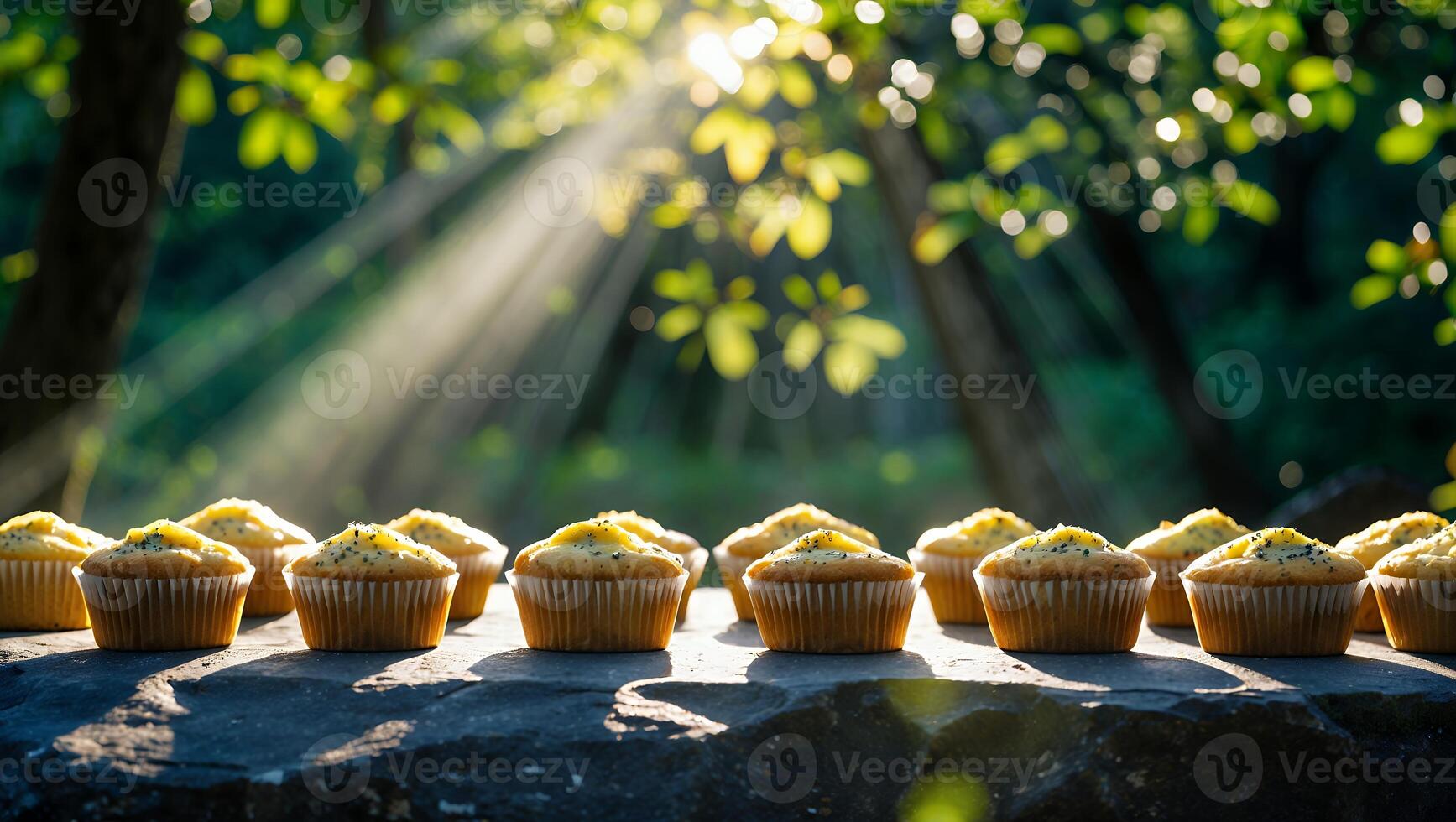 Delicious Cupcakes Displayed Outdoors with Sun Rays and Natural Setting photo
