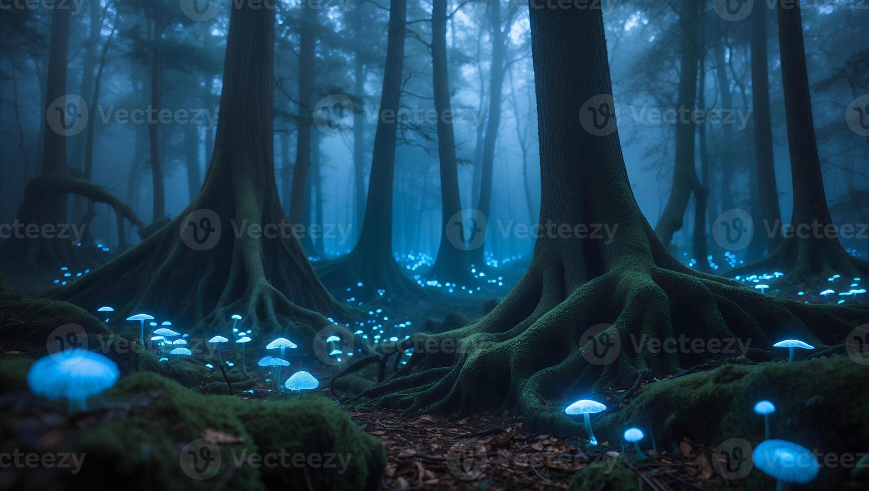 Mystical Forest Scene with Glowing Mushrooms and Foggy Atmosphere photo