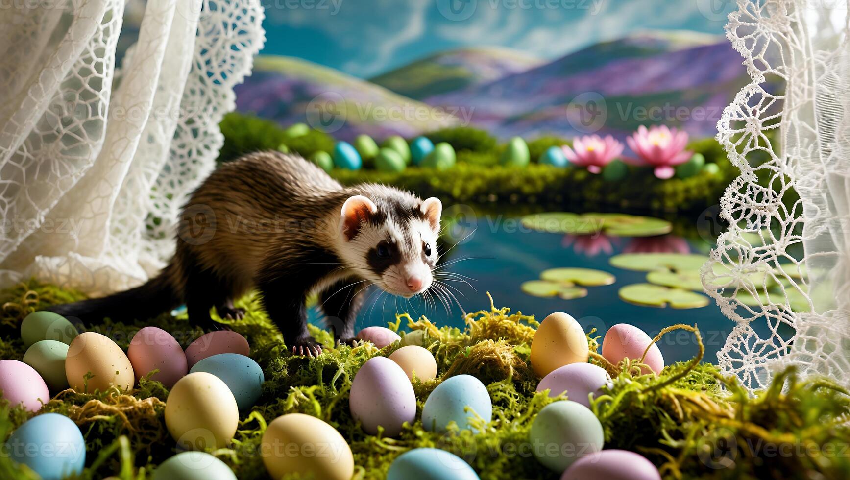 Ferret Walking Among Pastel Easter Eggs Near a Pond in Spring photo