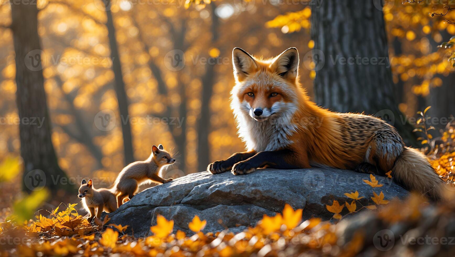 Fox Relaxing on Rock with Squirrels in a Golden Autumn Forest photo