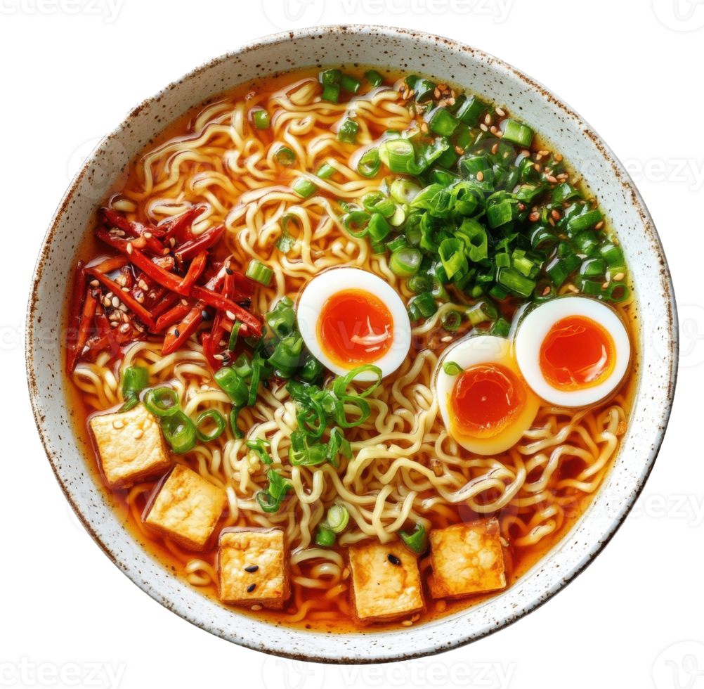 Bowl of Ramen Noodle Soup with Egg and Tofu on a Transparent Background Image png
