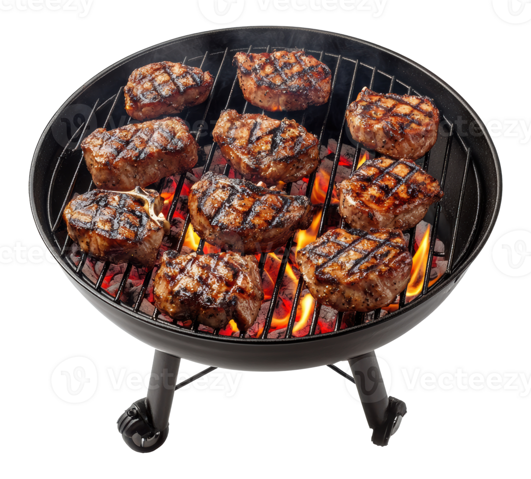 Grilled Steaks Cooking on Barbecue Grill Over Flames on a Transparent Image png