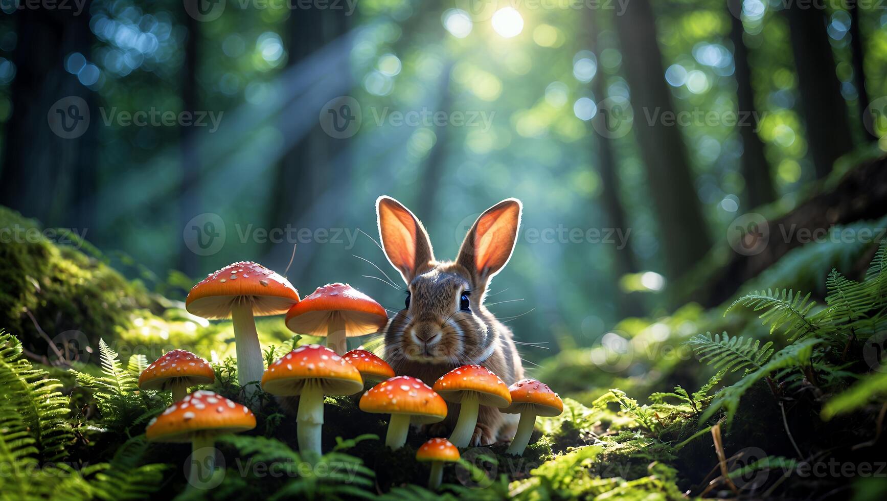 Rabbit Among Mushrooms in Forest with Sunlight Streaming Through Trees photo