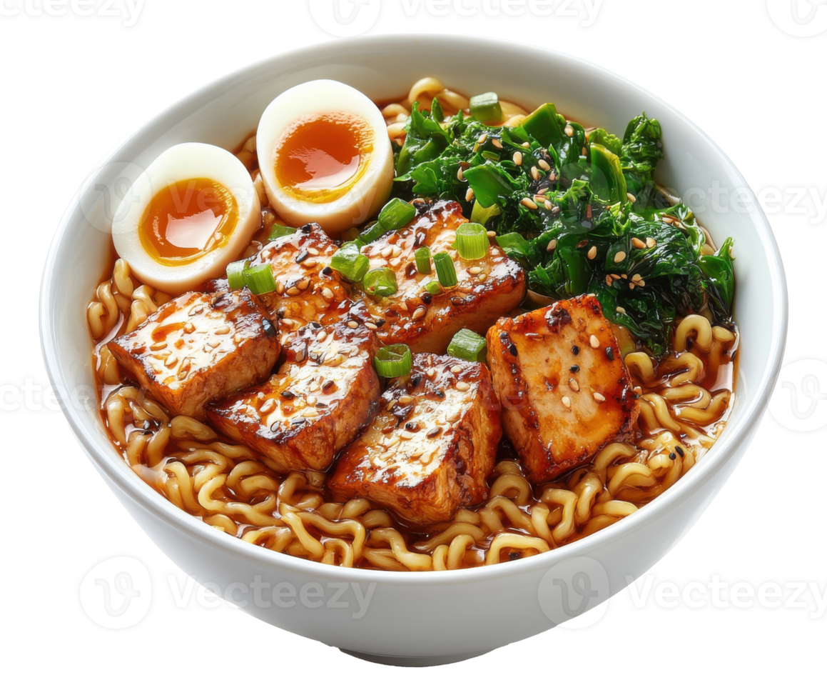 Bowl of Ramen Noodle Soup Topped with Tofu, Kale and Eggs on a Transparent Image png