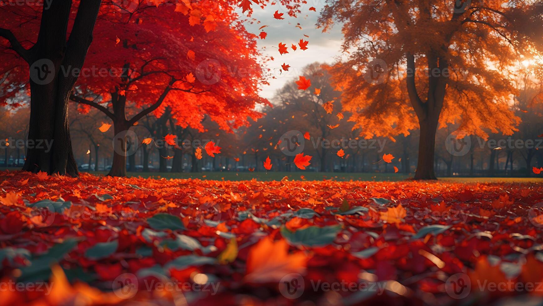 Autumn Leaves Falling in Colorful Park on a Sunny Day photo