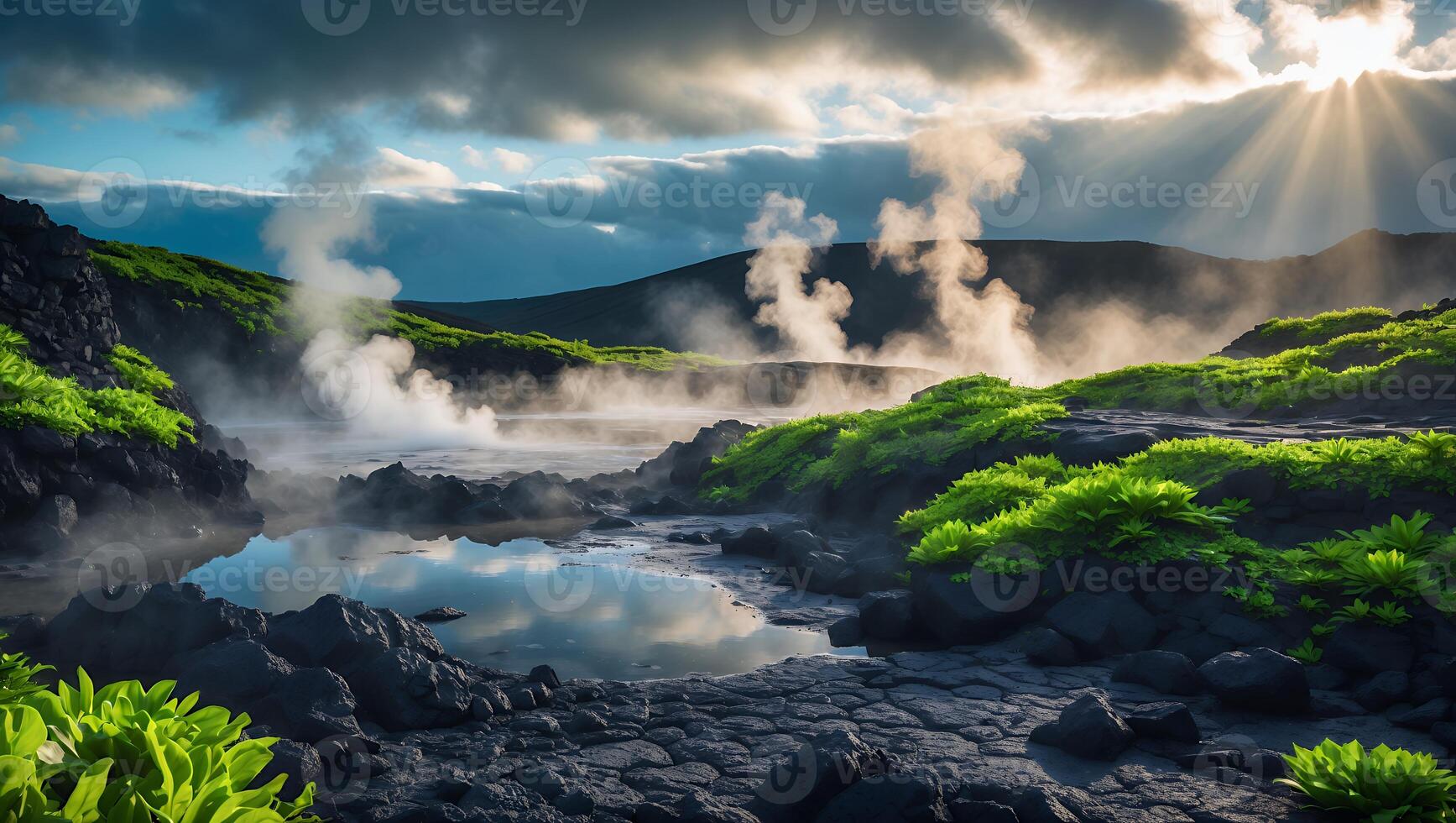 Steaming Geothermal Pool Landscape with Rocks and Sunlight in Iceland photo
