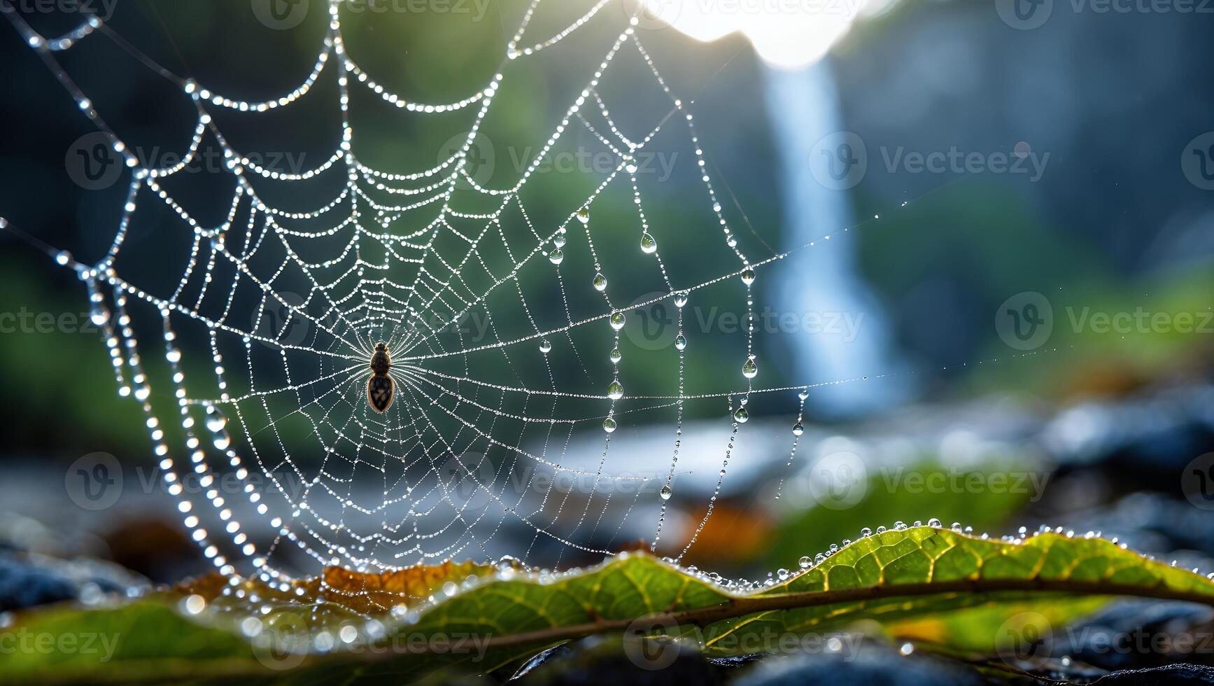 Spider Web with Dew Drops Shimmers in Morning Sunlight, Waterfall Backdrop photo