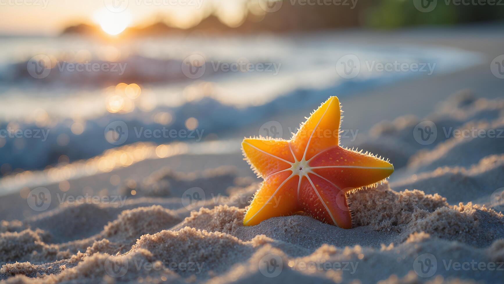 Starfruit Resting on Sandy Beach with Ocean Waves at Sunset photo