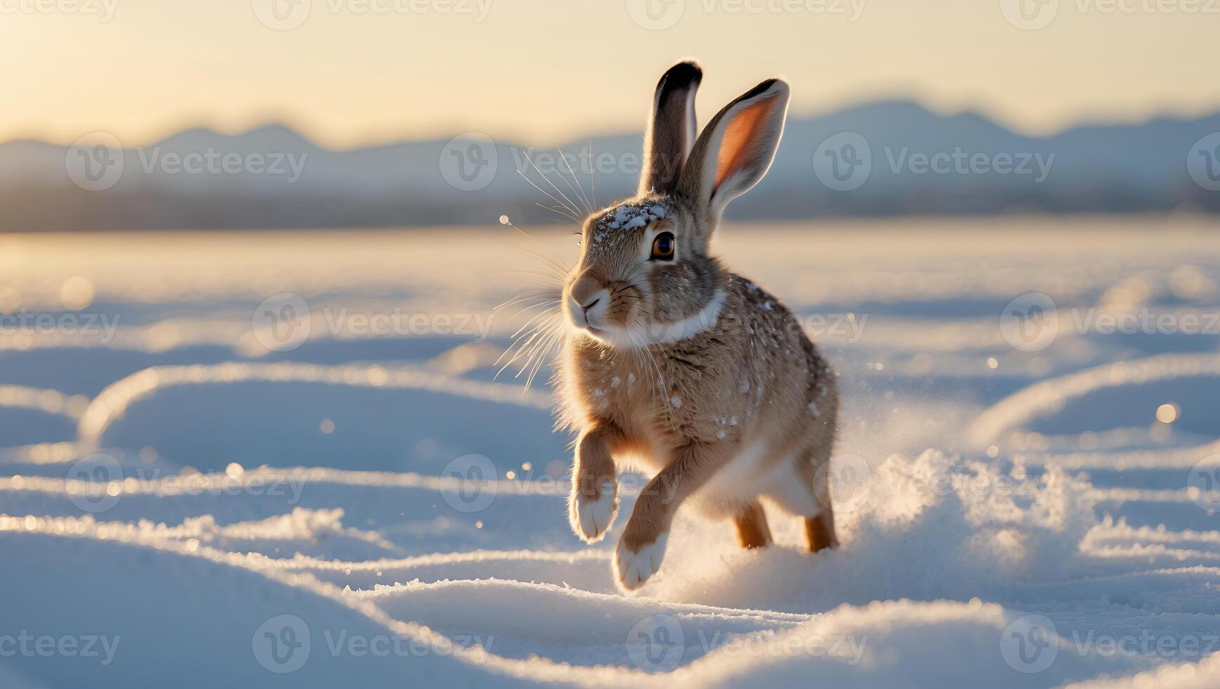 Running Hare in Winter Wonderland Snowy Field on a Sunny Day photo