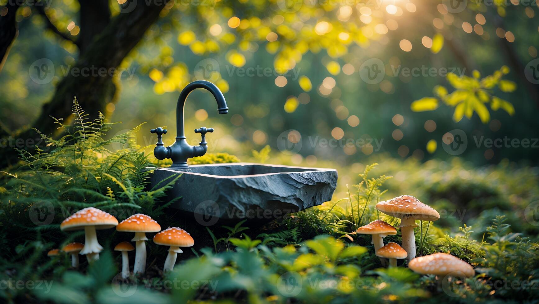 Stone Sink with Faucet and Mushrooms in Forest at Sunset photo