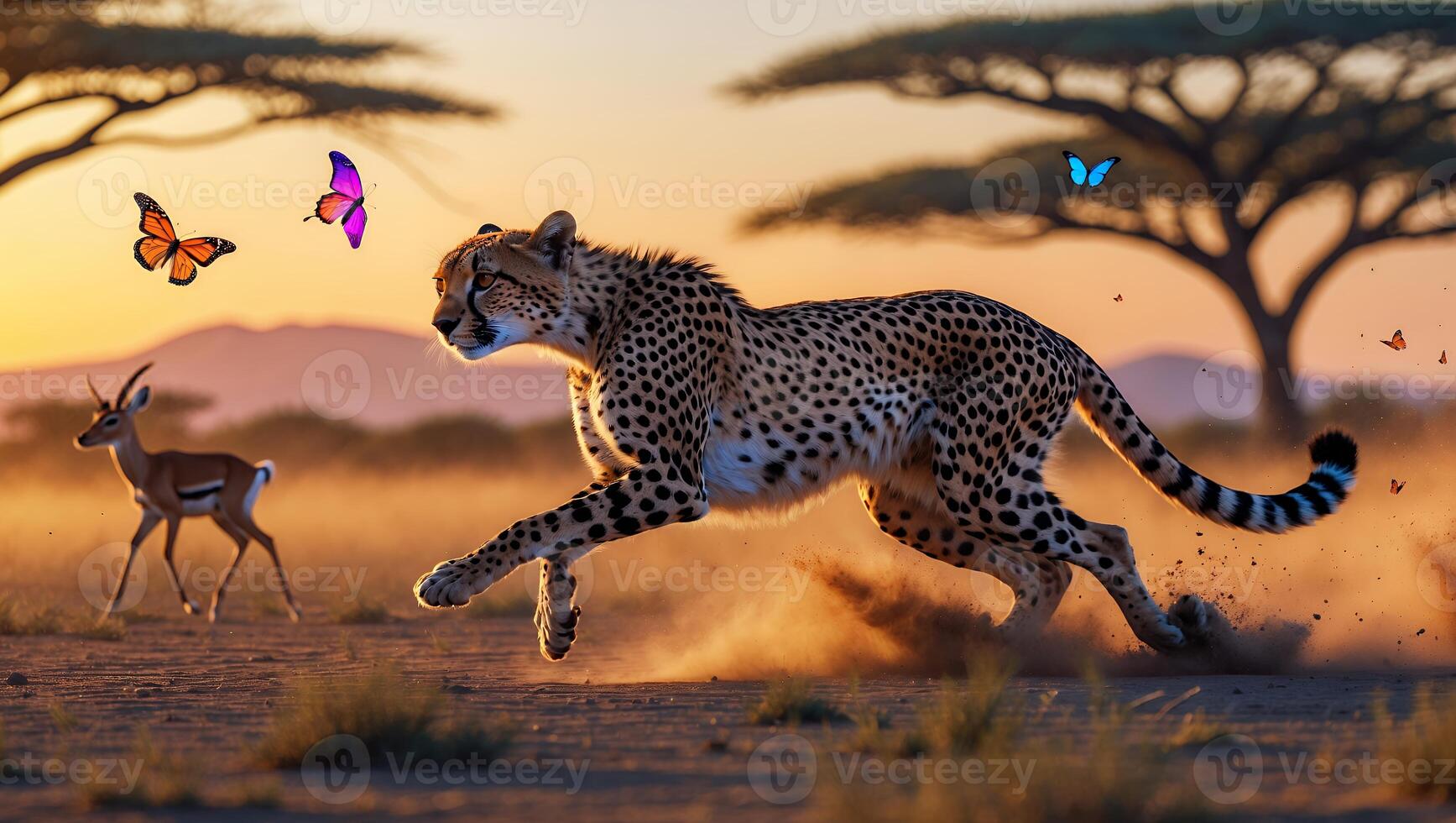 Cheetah Running in African Savannah with Impala and Butterflies photo