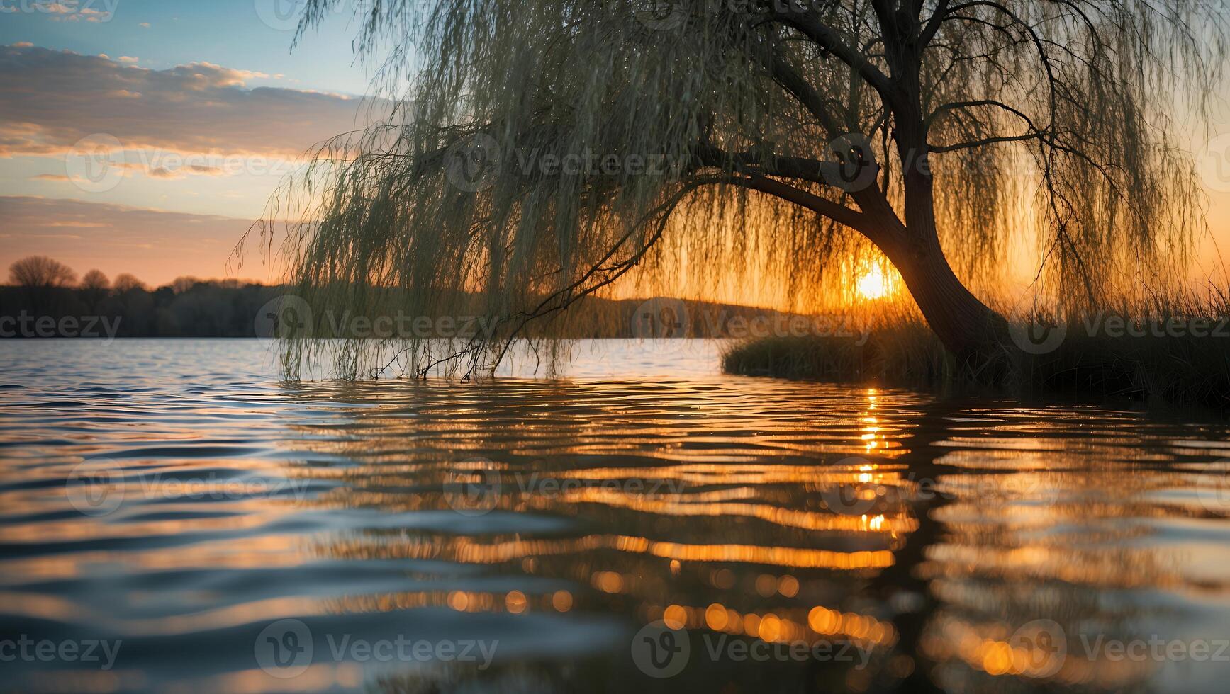 Willow Tree Reflected in Lake Water at Golden Hour Sunset photo