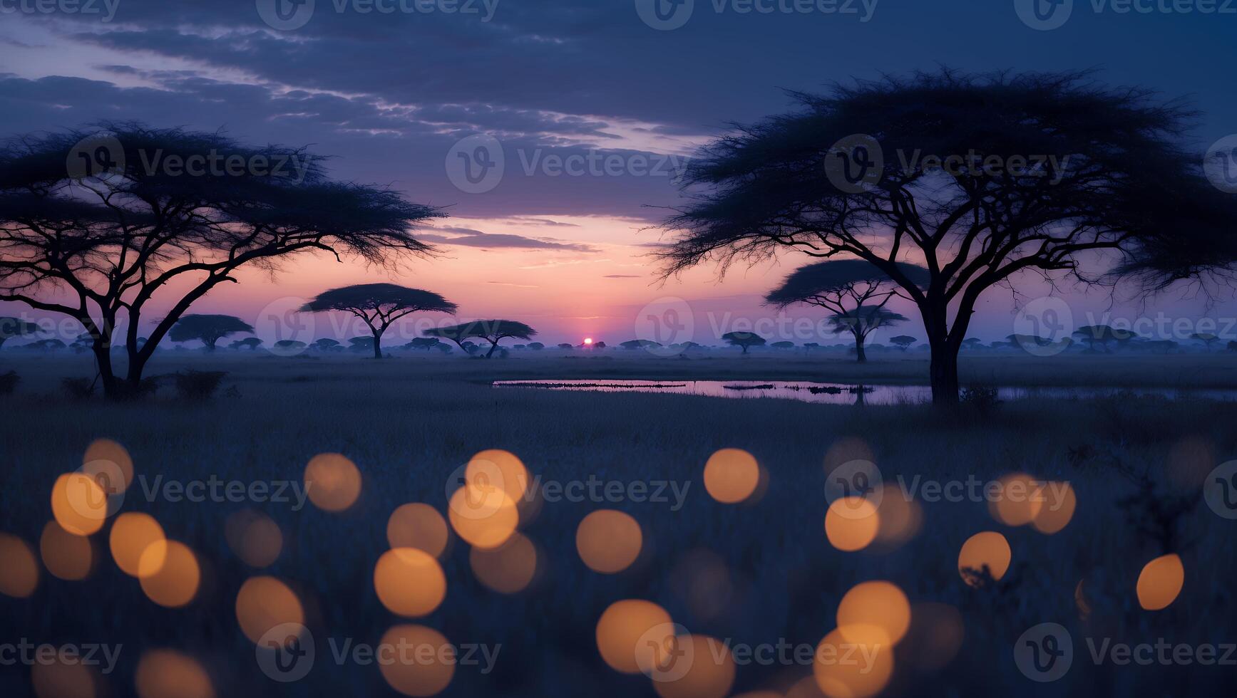 Tree Silhouettes at Dusk with Bokeh Lights in Foreground photo
