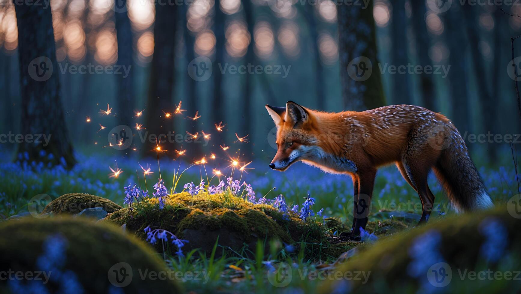 Fox Watching Glowing Lights Among Bluebell Flowers in Dark Forest photo