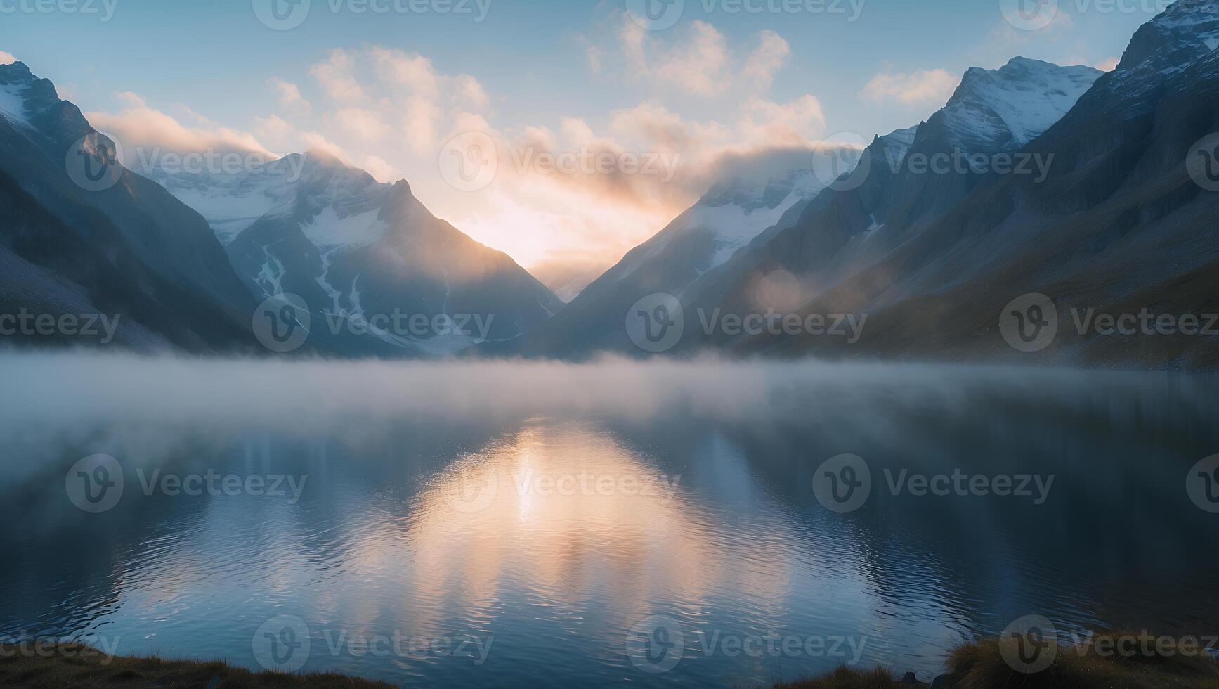 Still Lake Reflecting Mountains at Sunrise with Low Fog photo
