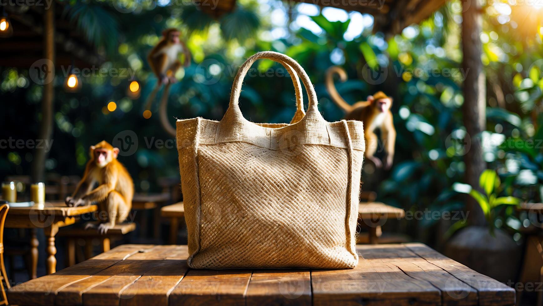 Jute Tote Bag on Wooden Table in Natural Outdoor Setting photo