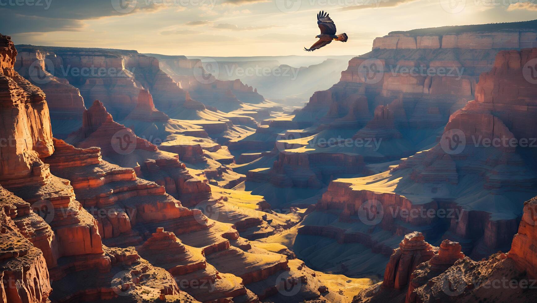 Bird Flying Over Grand Canyon Landscape with Warm Sunlight and Layers photo