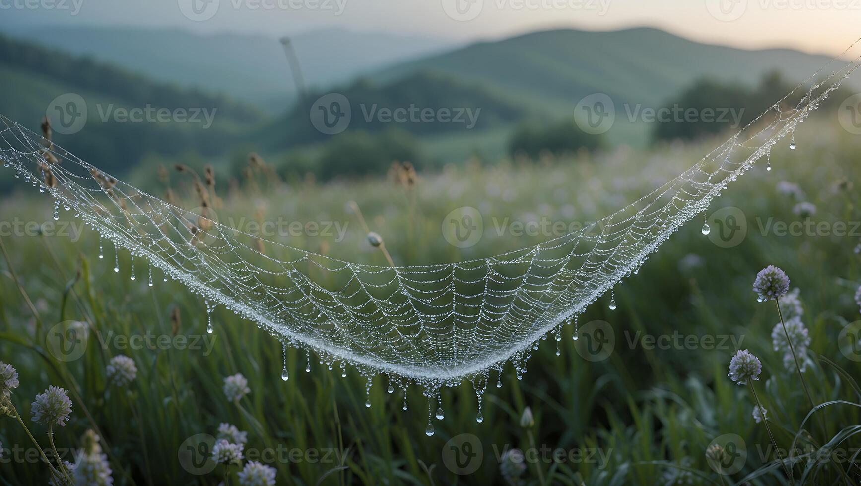Spiderweb Covered with Dew Drops in a Grassy Field at Dawn photo