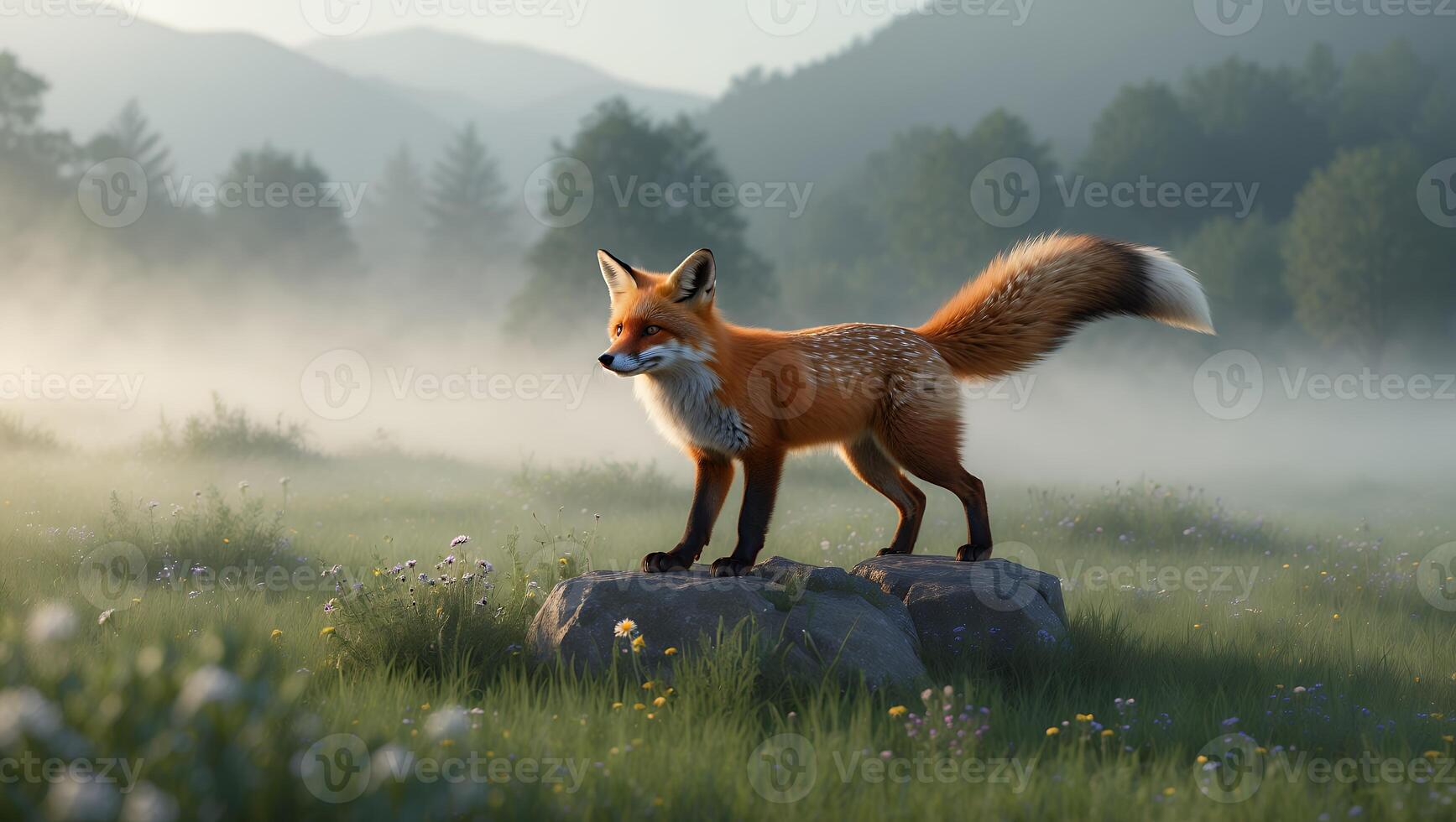 Fox Standing on Rock in Foggy Meadow Early Morning Light photo