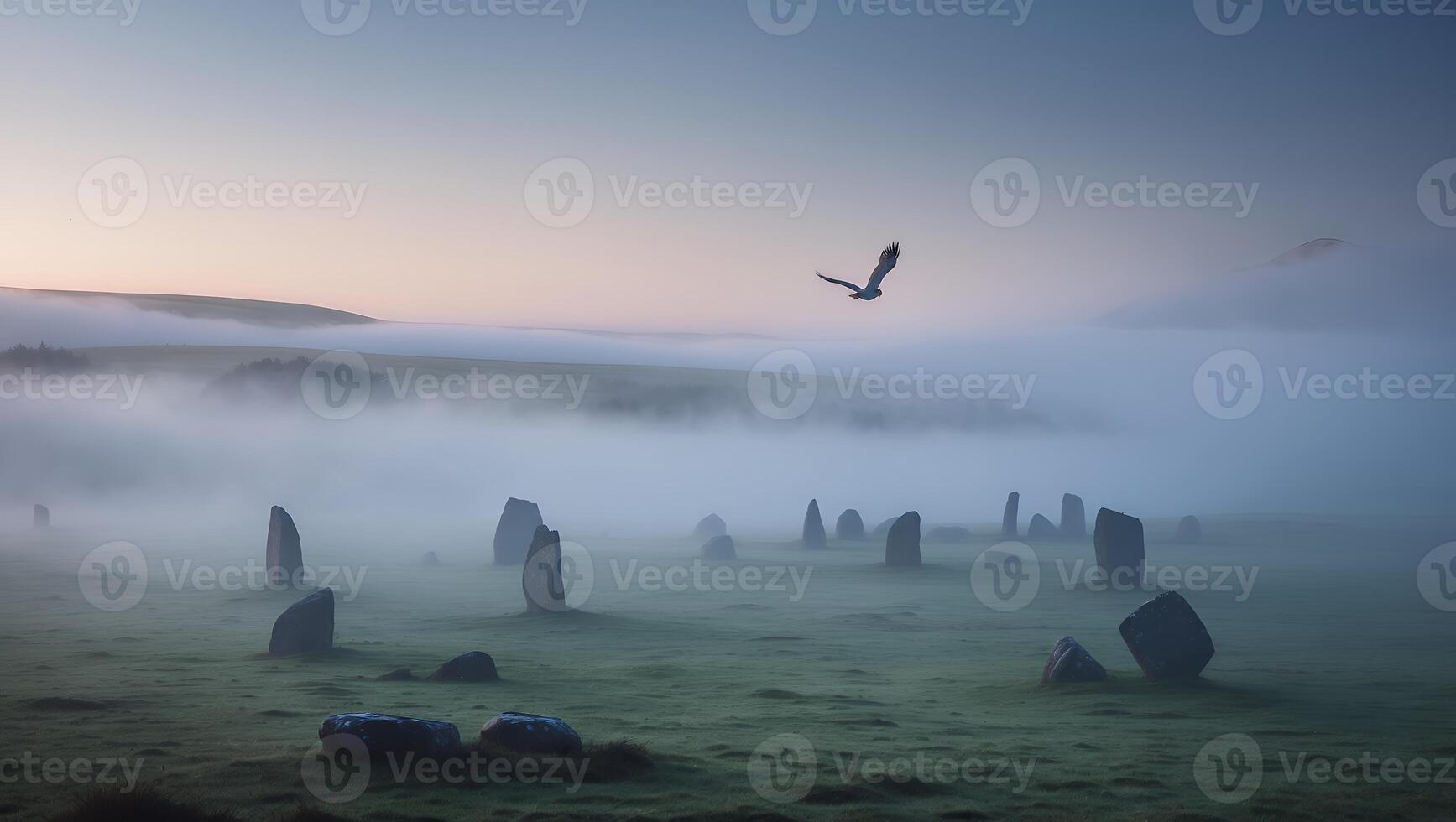 Bird Flying Over Standing Stones in Foggy Field at Dawn photo