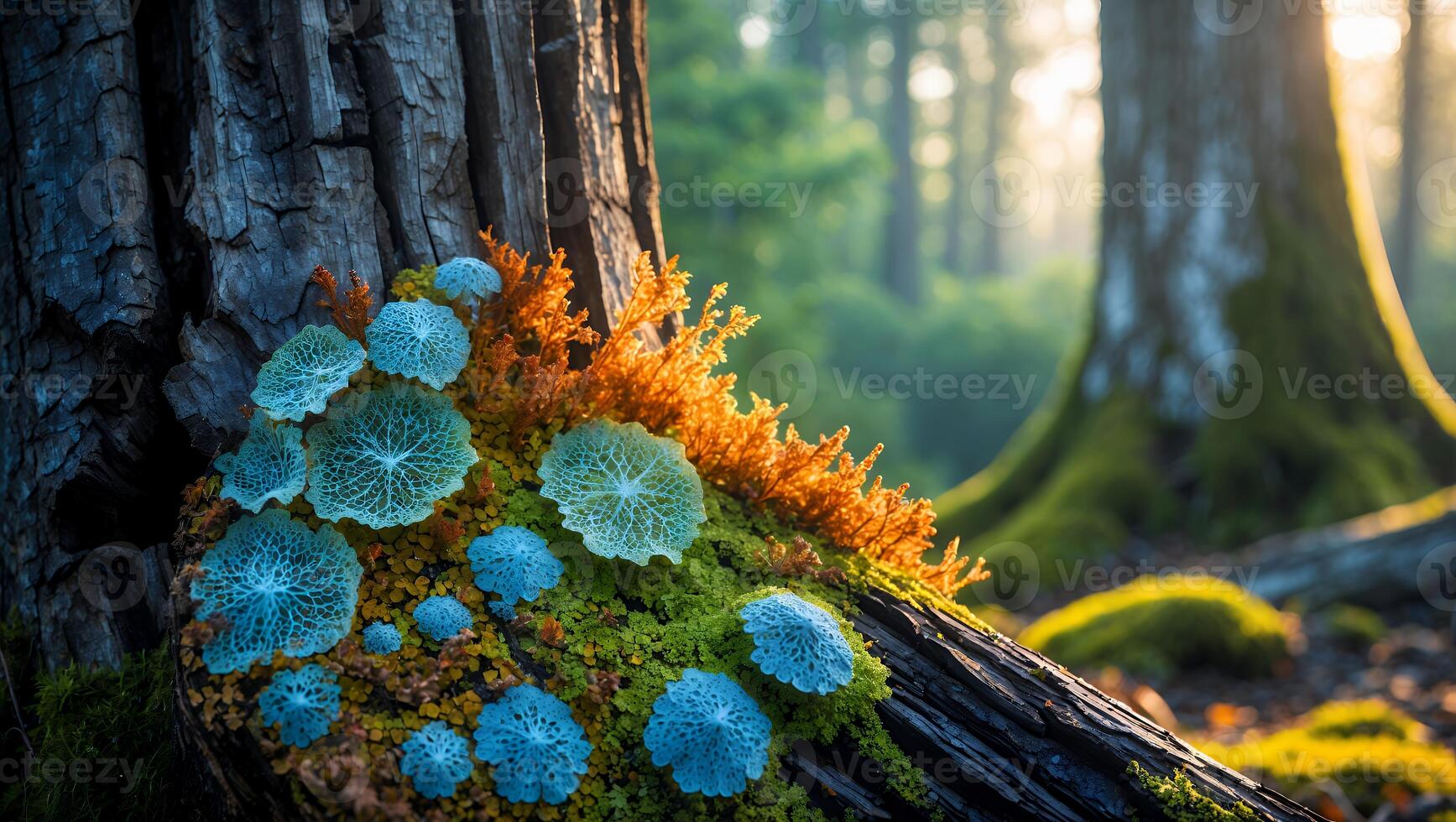 Fungi Growing on Fallen Tree Trunk in a Sunny Forest photo