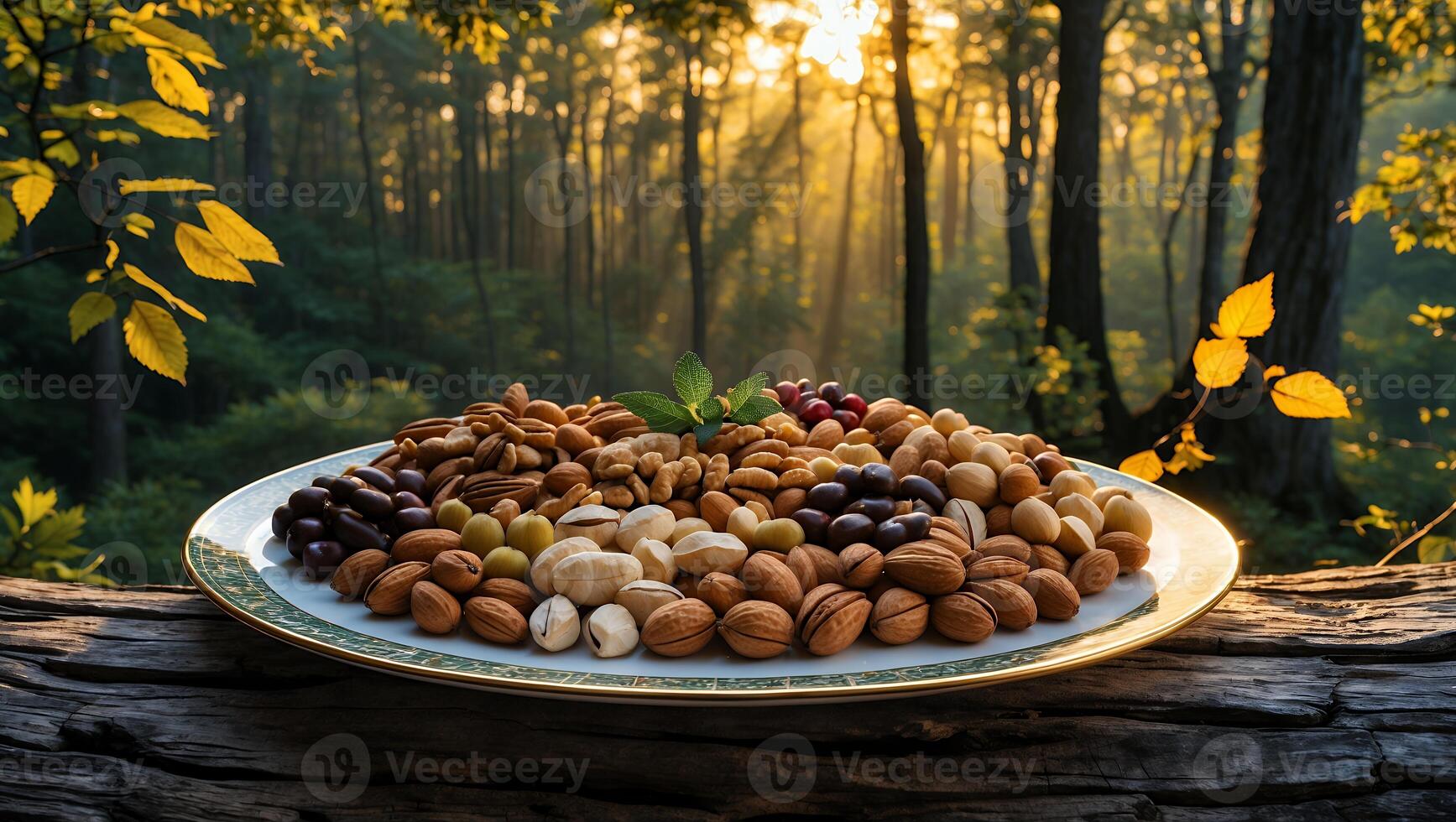 Assorted Nuts and Berries on Plate with Forest Background at Sunrise photo