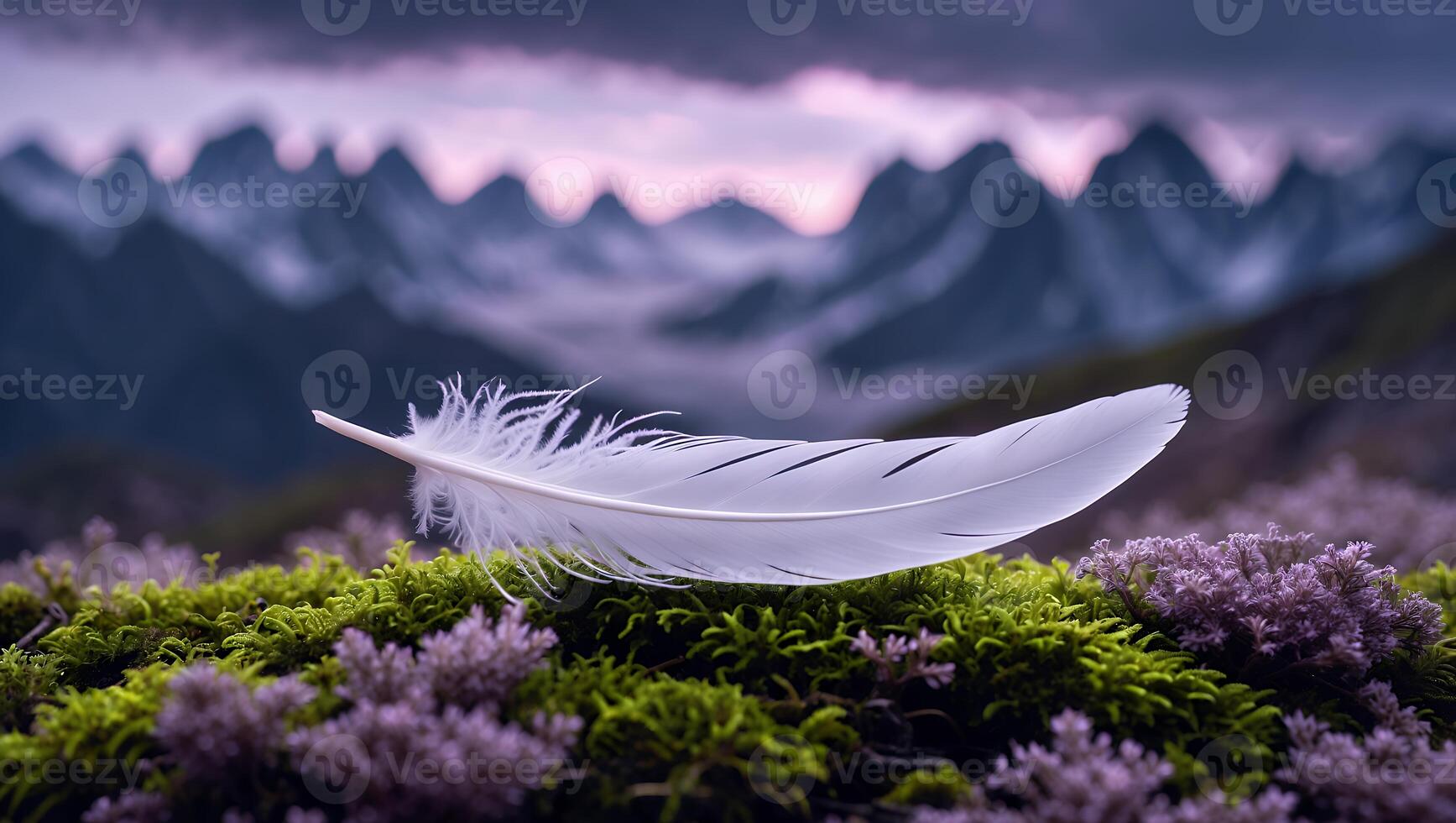 White Feather Resting on Moss with Mountain Landscape in Background photo