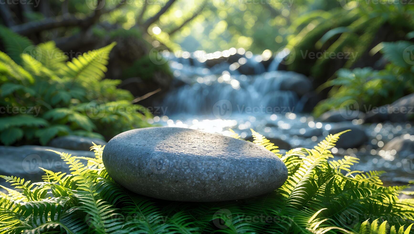 Smooth Gray Stone Nestled on Ferns by Flowing Stream Backdrop photo