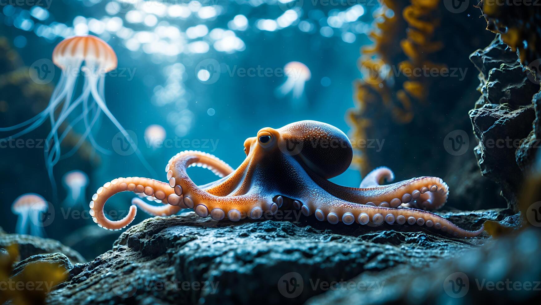 Octopus Resting on Rocky Seabed with Jellyfish Floating in Background photo