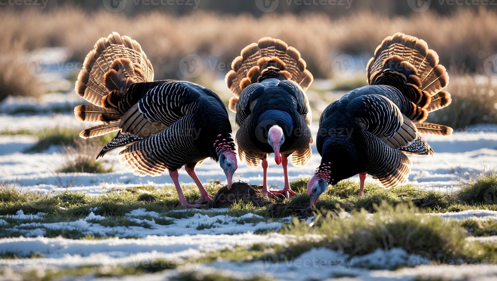 Turkeys Foraging in Field with Patches of Snow at Sunrise photo