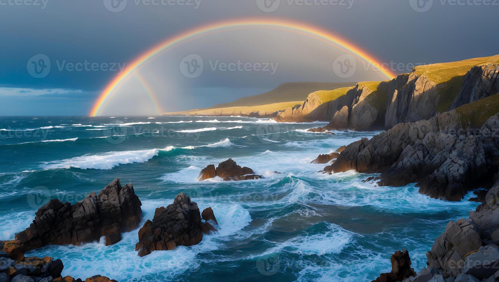Ocean Waves Crashing on Rocky Coastline Under a Colorful Rainbow photo