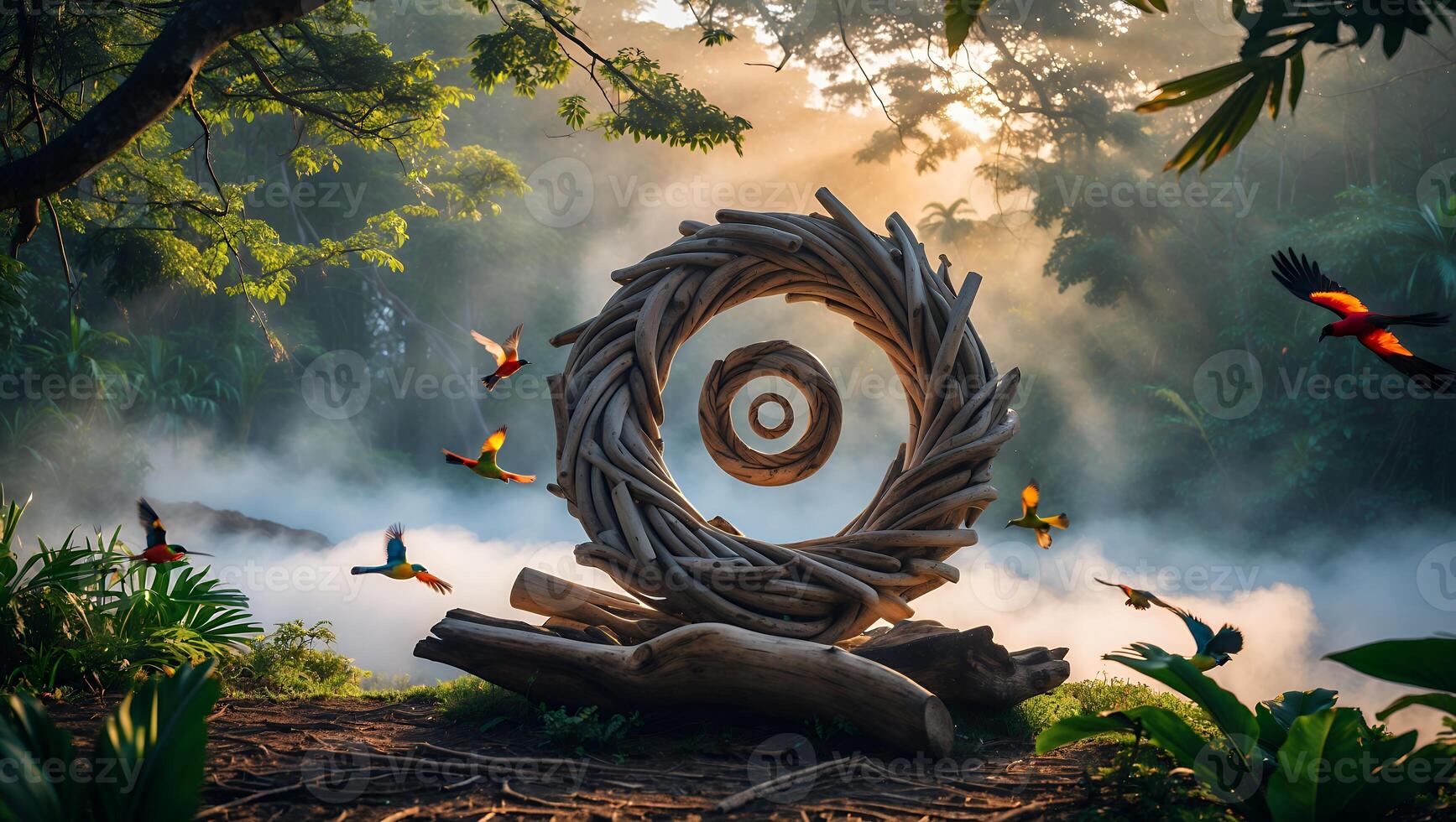 Circle Wood Sculpture in Forest with Flying Birds and Mist photo
