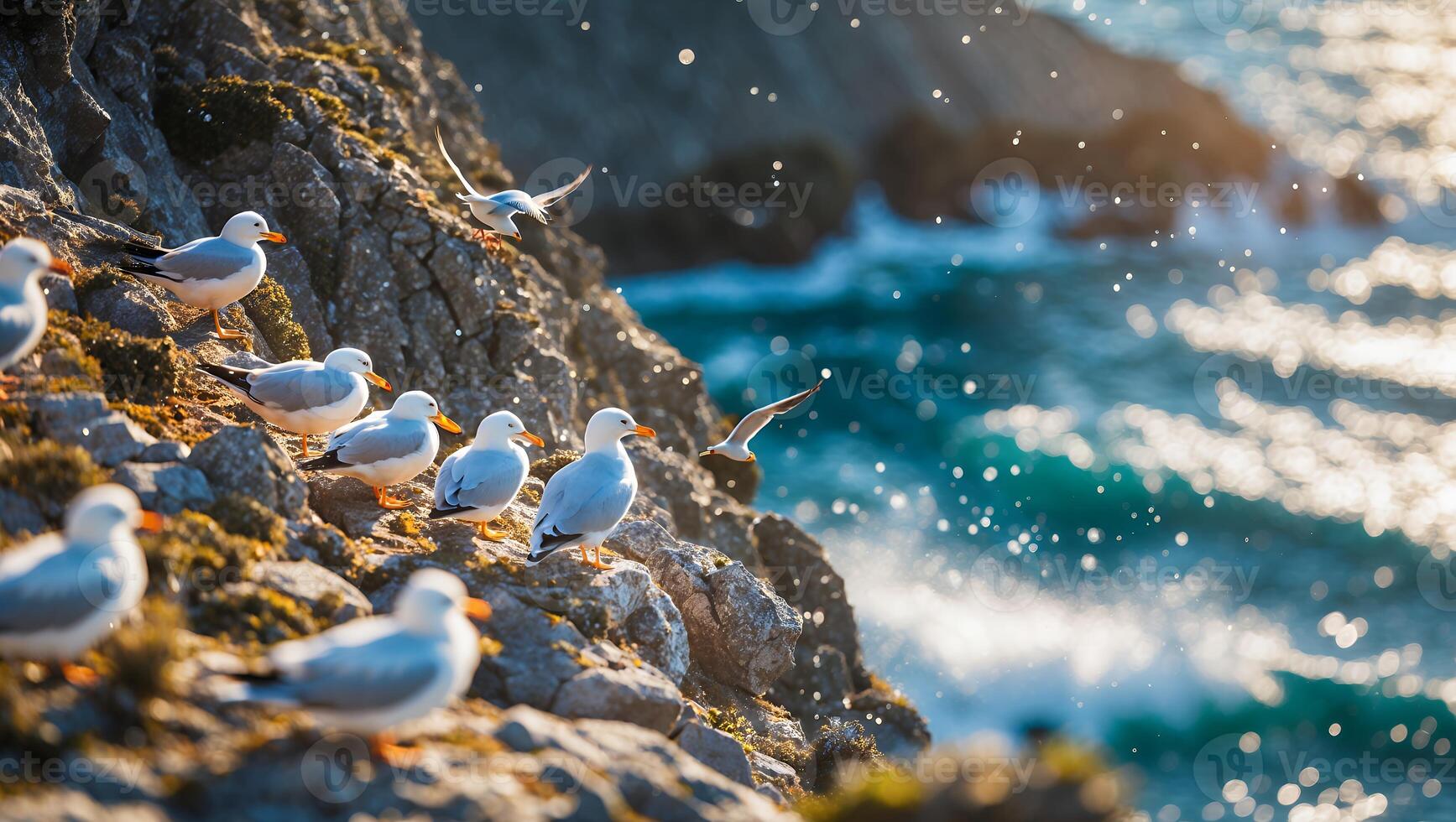 Seagulls Resting on Rocky Coastline with Crashing Waves on Sunny Day photo