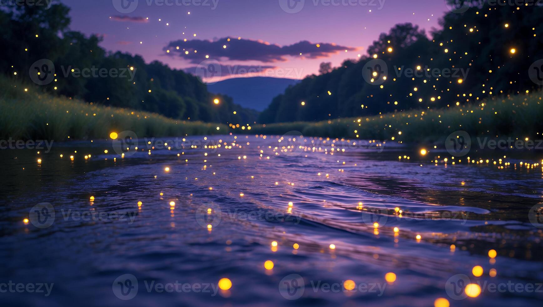 Glowing Light Strewn Over River in Magical Evening Nature Scene photo