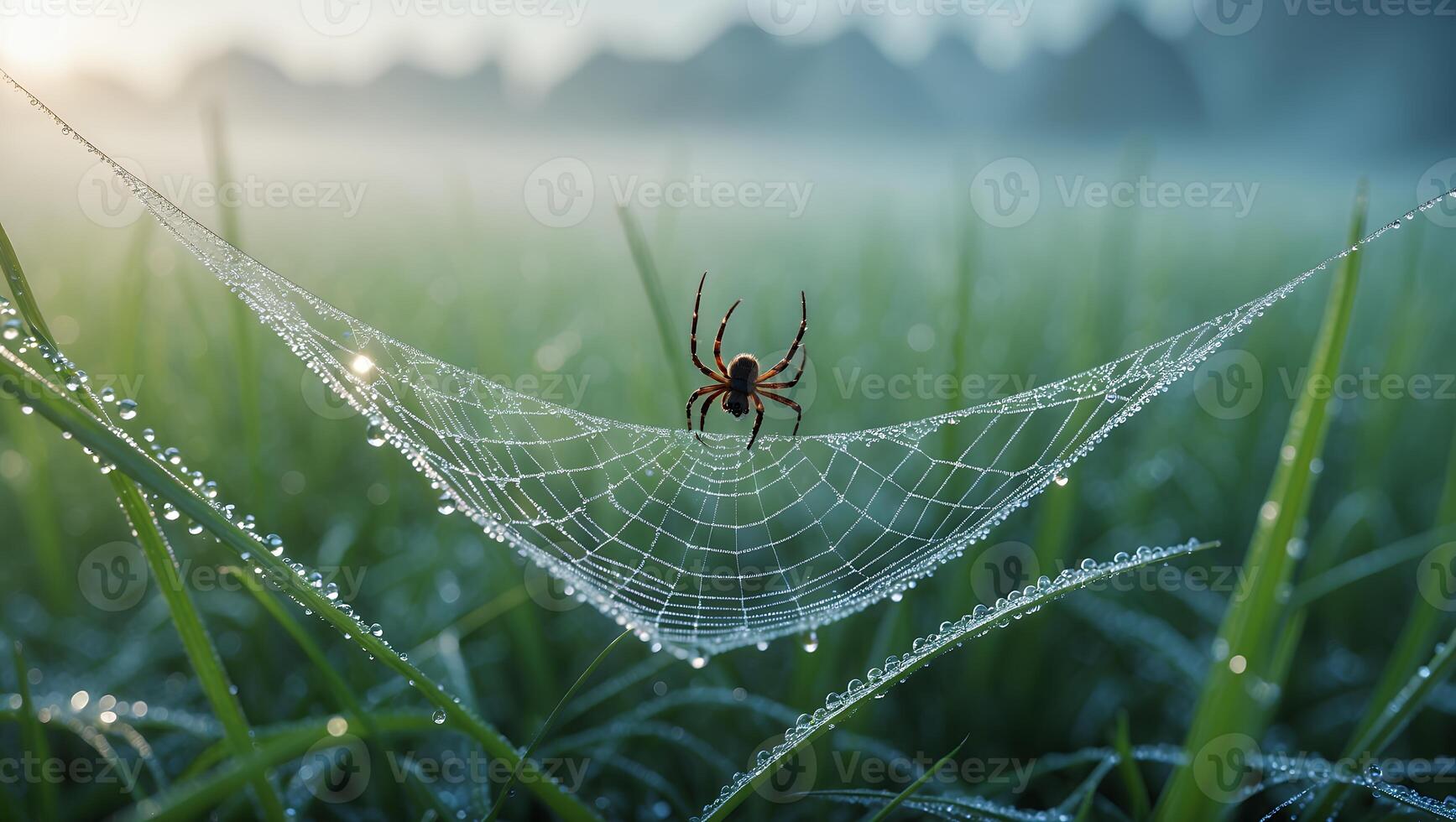 Spider Resting on Dew Covered Web in Green Field at Dawn photo
