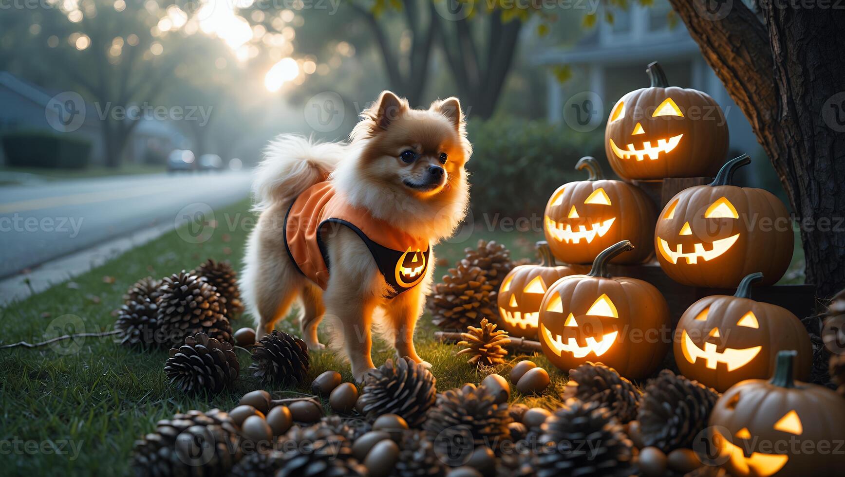 Dog in Costume with Pumpkins and Pinecones for Autumn Season photo