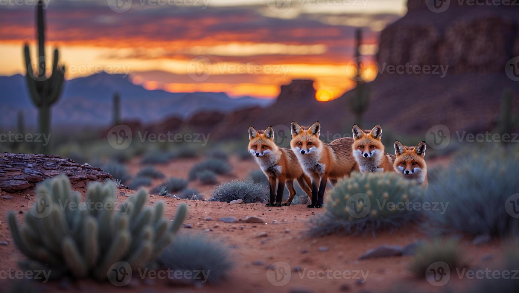 Fox Family Standing in Desert Landscape at Sunset with Cloudy Sky photo