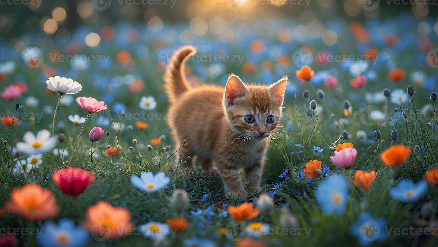 Ginger Kitten Walking Through Field of Colorful Flowers in Sunlight photo