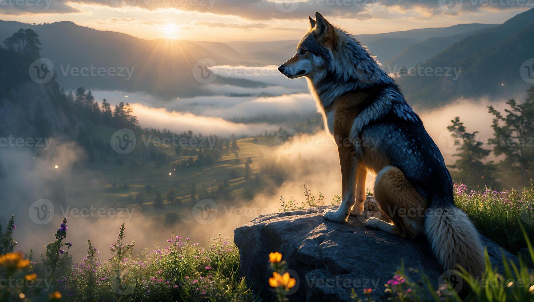 Wolf Sits Watching Sunset Over Misty Mountain Valley Landscape photo