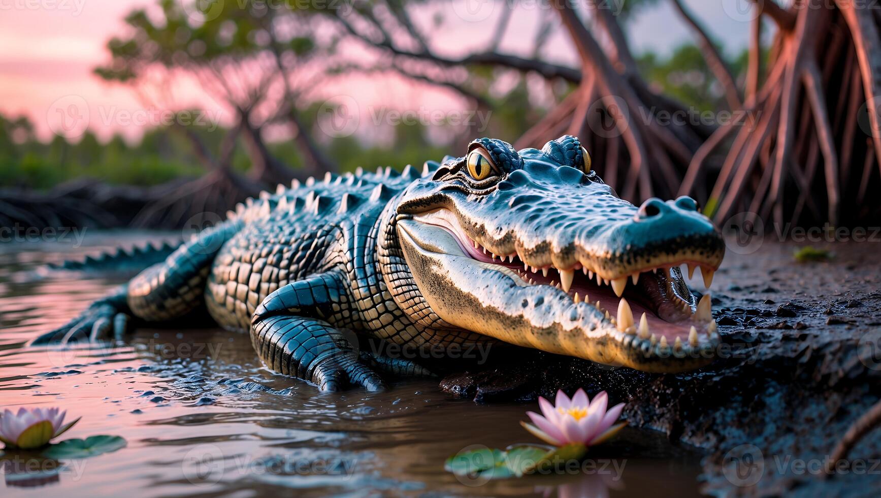 Alligator Resting in Water Near Lily Pads with Sunset Background photo
